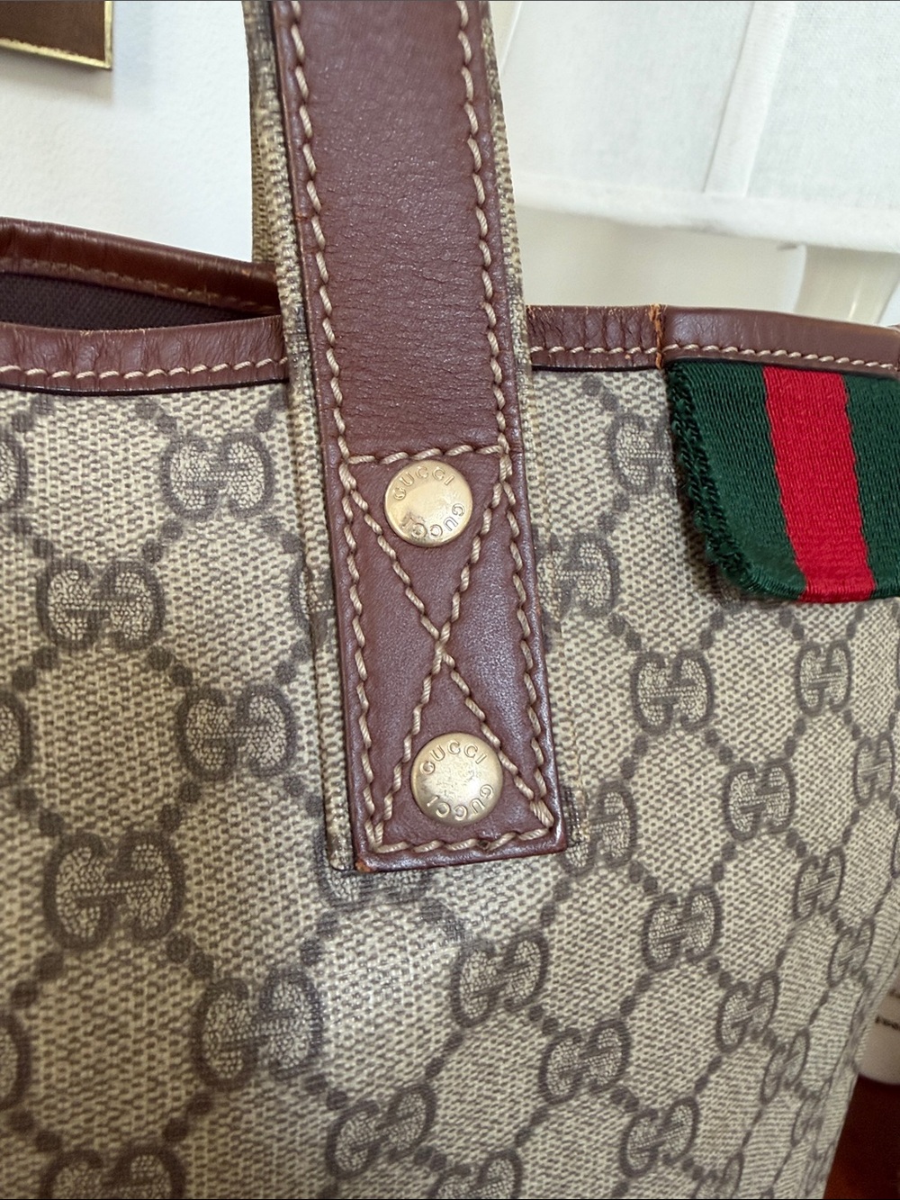 Gucci Beige GG Coated Canvas Tote with Brown Leather Handles - Picture 7 of 16